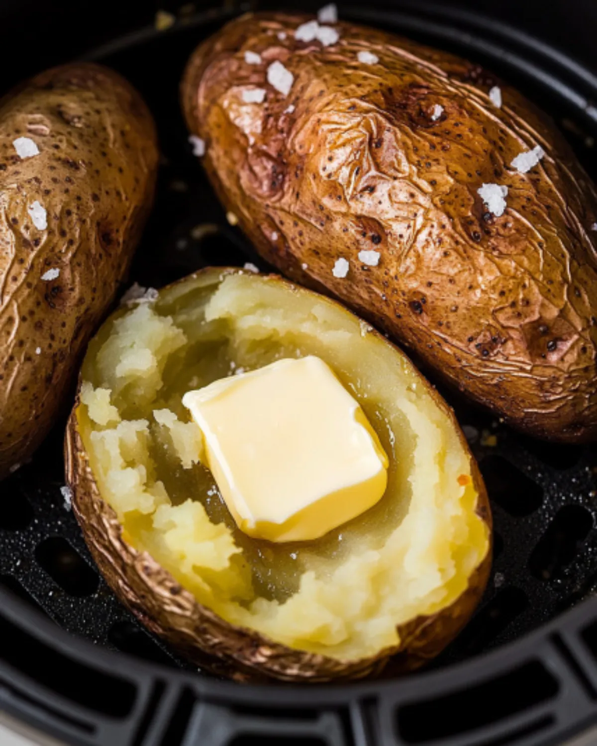 Air fryer baked potato with crispy skin and melting butter in the center