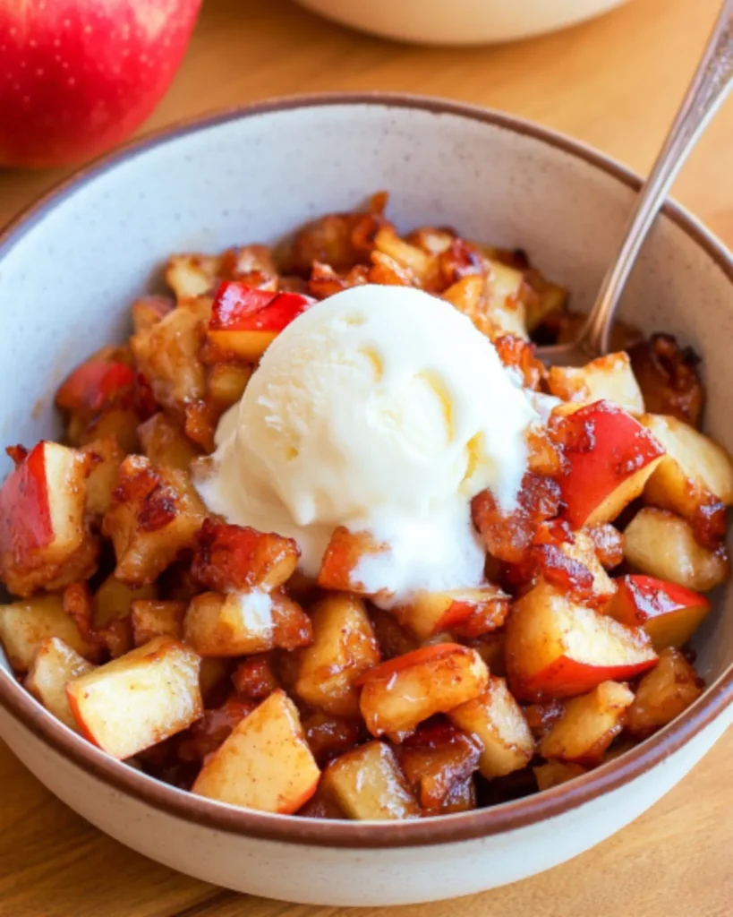 Bowl of cinnamon air fryer apples topped with vanilla ice cream on a wooden table