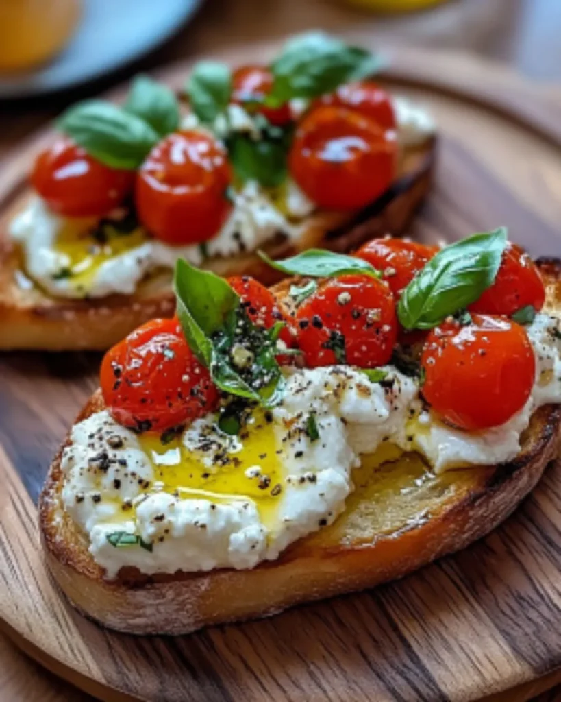 Toasted bruschetta topped with creamy burrata, cherry tomatoes, fresh basil, and olive oil on a wooden board