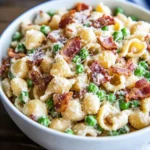 Creamy shell pasta salad with bacon, peas, and parmesan in a white bowl on a wooden table