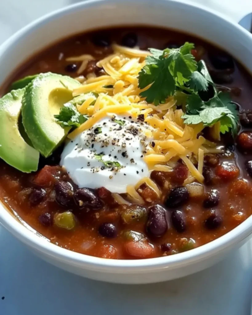 Easy healthy chili collage with avocado, yogurt, cheese, and cilantro toppings in a white bowl