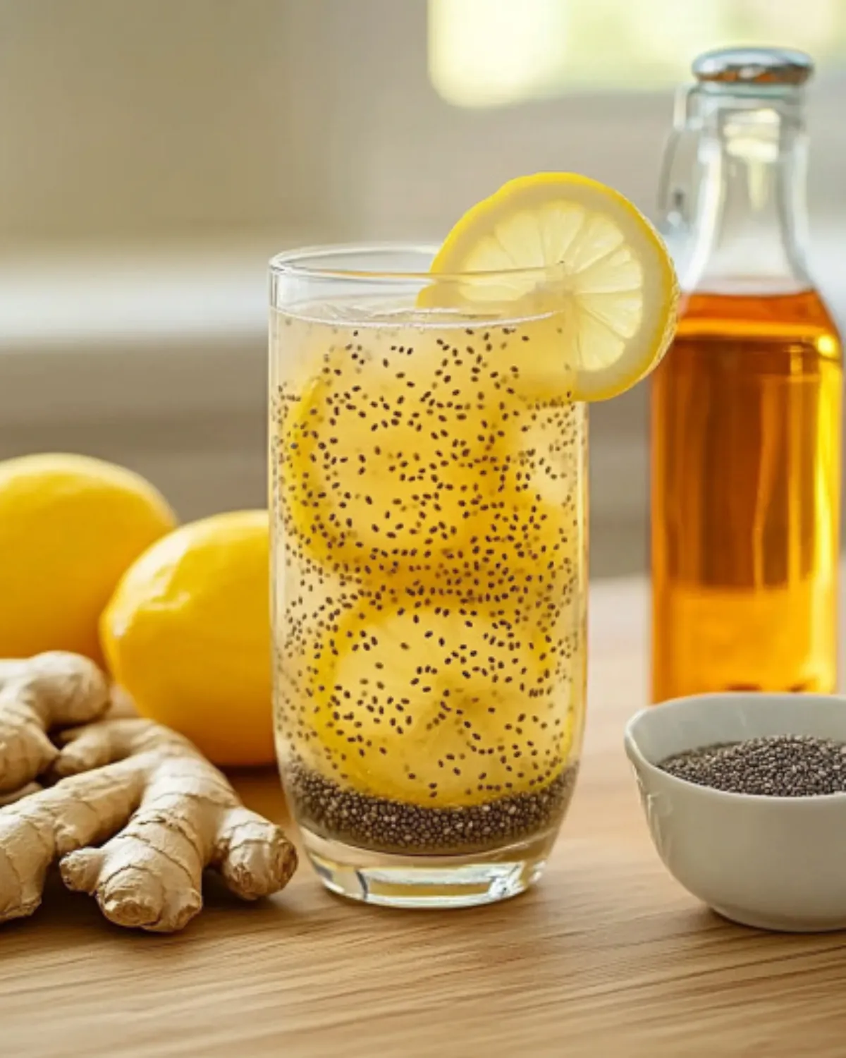 Glass of lemon chia detox drink with ginger, surrounded by fresh ingredients