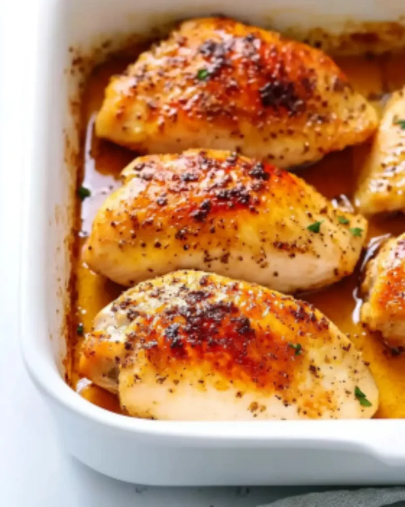 Close-up of juicy baked boneless skinless chicken breasts in a white dish