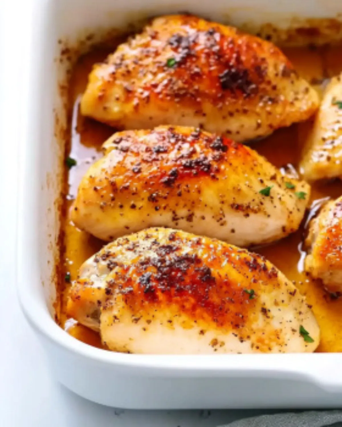 Close-up of juicy baked boneless skinless chicken breasts in a white dish