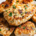 Crispy air fryer ranch chicken fillets garnished with parsley on a white plate