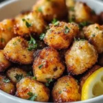 Crispy air fryer lemon chicken bites with parsley and lemon wedge in a white bowl
