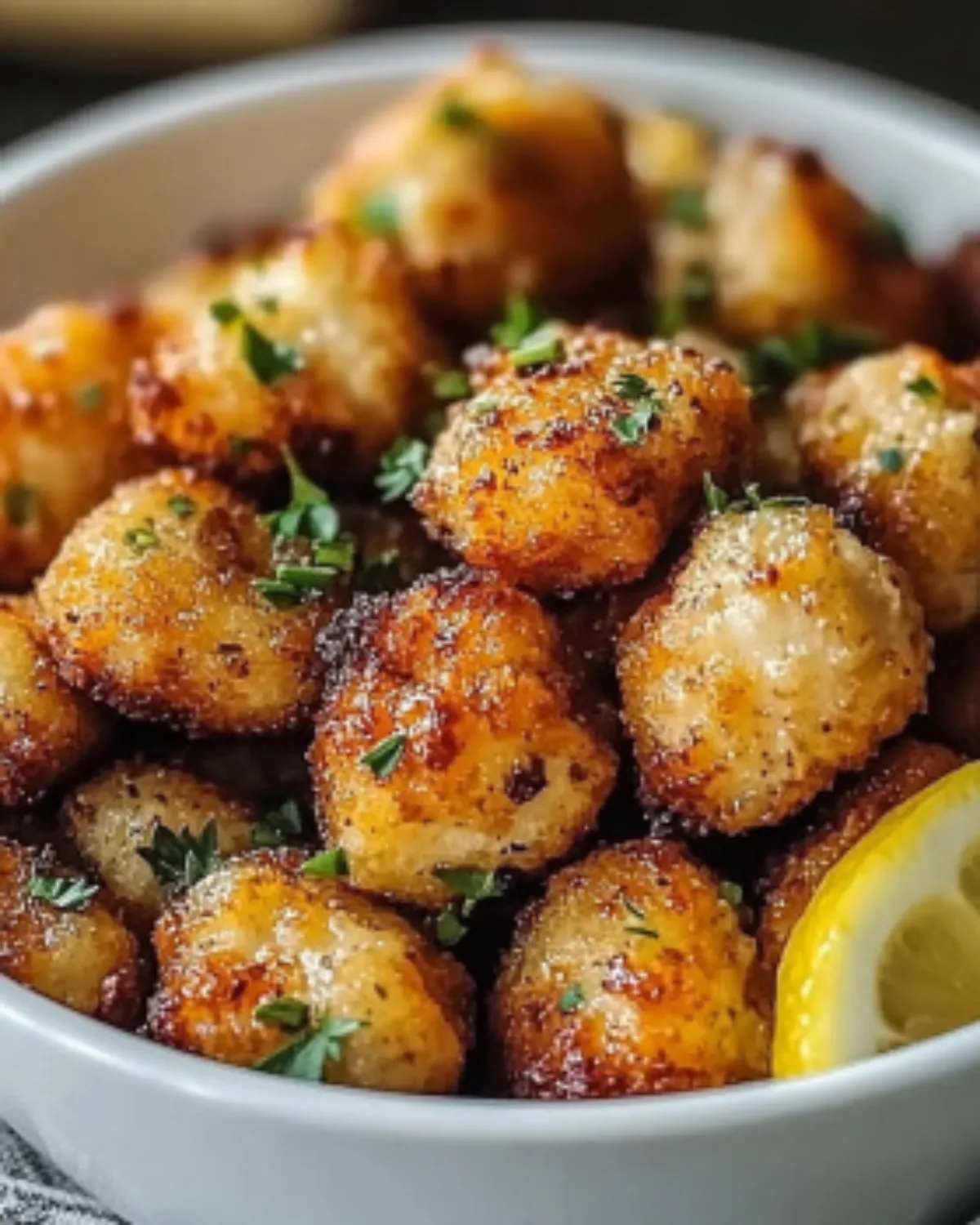 Crispy air fryer lemon chicken bites with parsley and lemon wedge in a white bowl