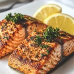 Air fryer salmon fillets with crispy skin, garnished with parsley and lemon wedges on a white plate