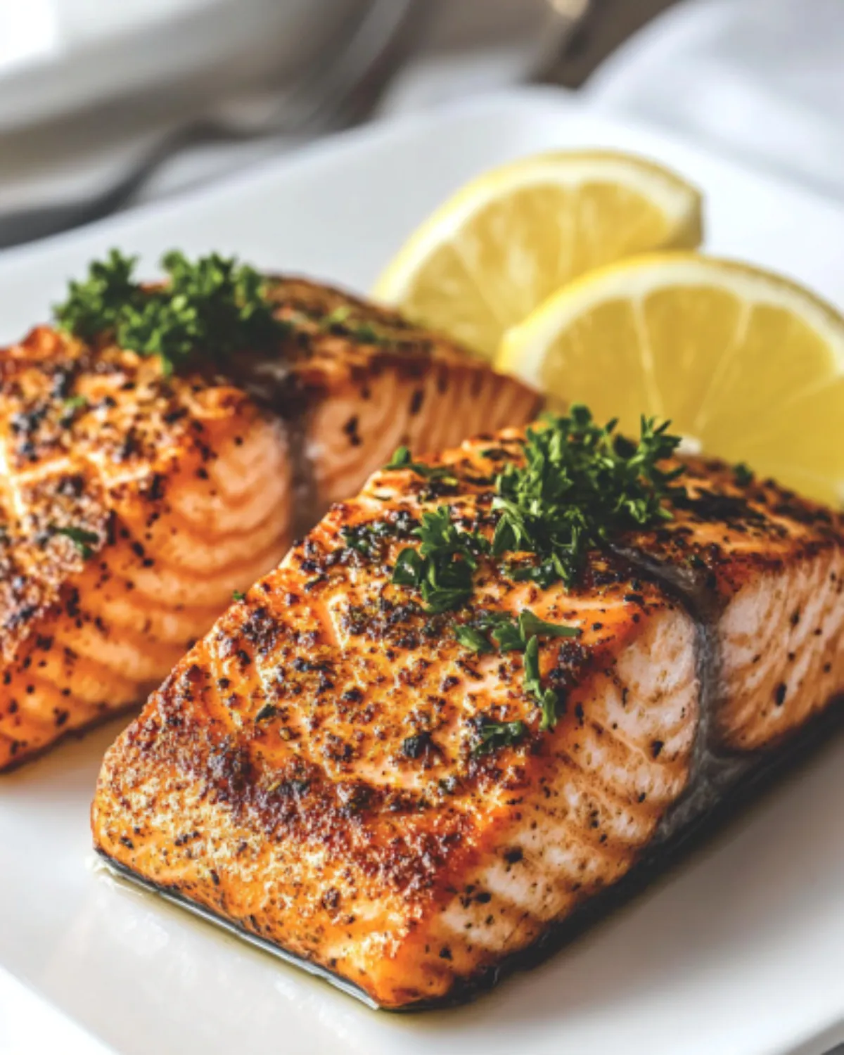 Air fryer salmon fillets with crispy skin, garnished with parsley and lemon wedges on a white plate
