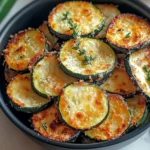 Crispy air fryer zucchini slices with golden Parmesan crust and fresh herbs served in a black bowl