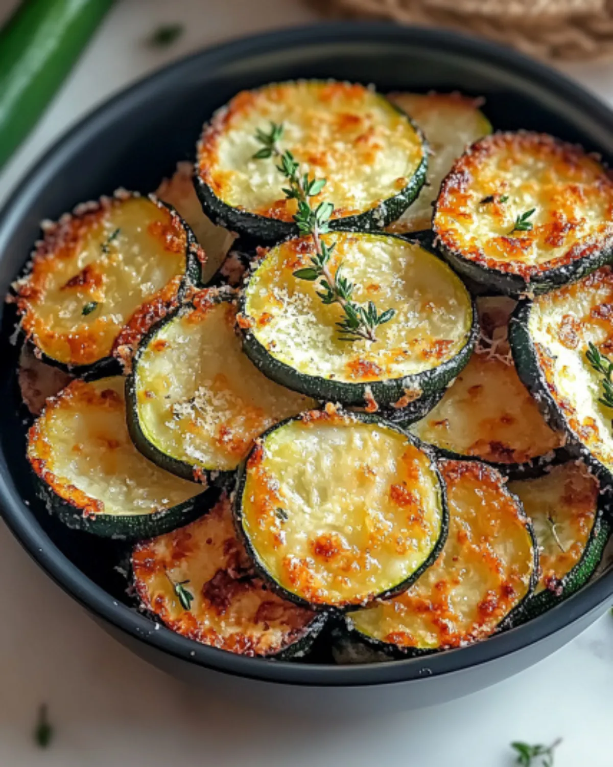 Crispy air fryer zucchini slices with golden Parmesan crust and fresh herbs served in a black bowl
