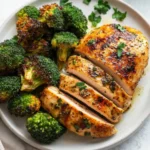 Juicy air fryer boneless chicken breast sliced and served with roasted broccoli on a clean white plate.
