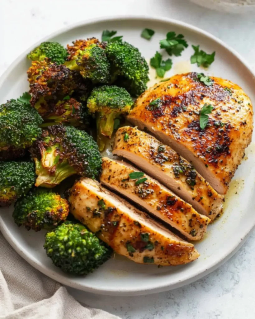 Juicy air fryer boneless chicken breast sliced and served with roasted broccoli on a clean white plate.