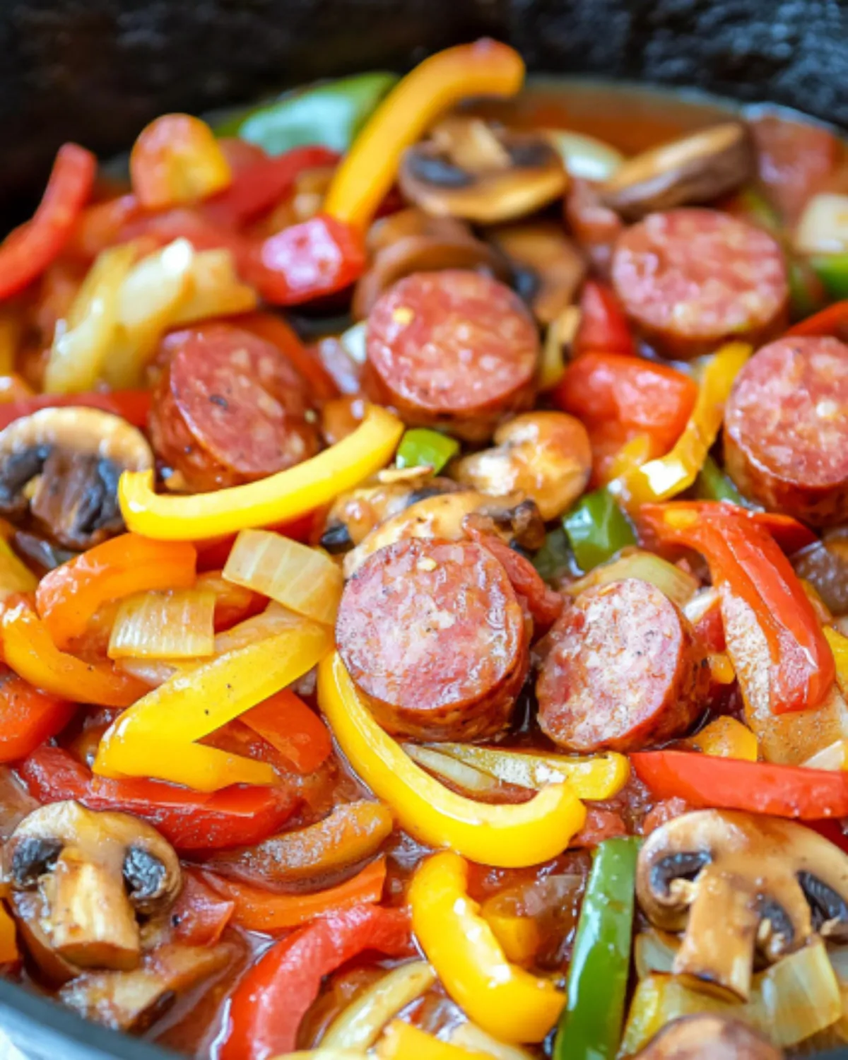 Sliced kielbasa sausage sautéed with red, yellow, and green bell peppers, onions, and mushrooms in a savory tomato sauce.