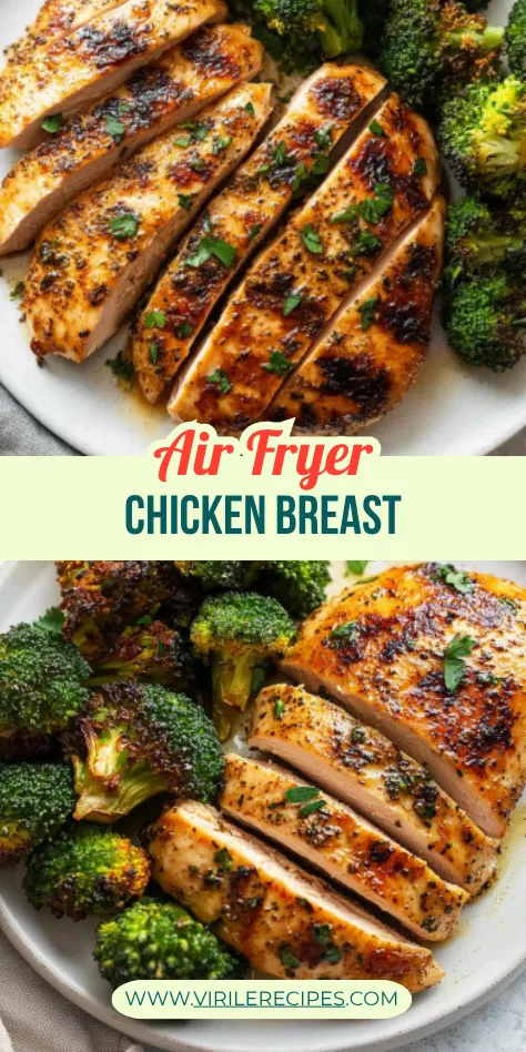 Close-up view of perfectly cooked Air Fryer Chicken Breast sliced and paired with tender roasted broccoli, ideal for a quick, healthy Air Fryer Dinner Recipe.