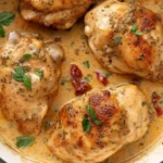 Golden seared chicken in creamy tomato basil sauce in a white pan on wooden table