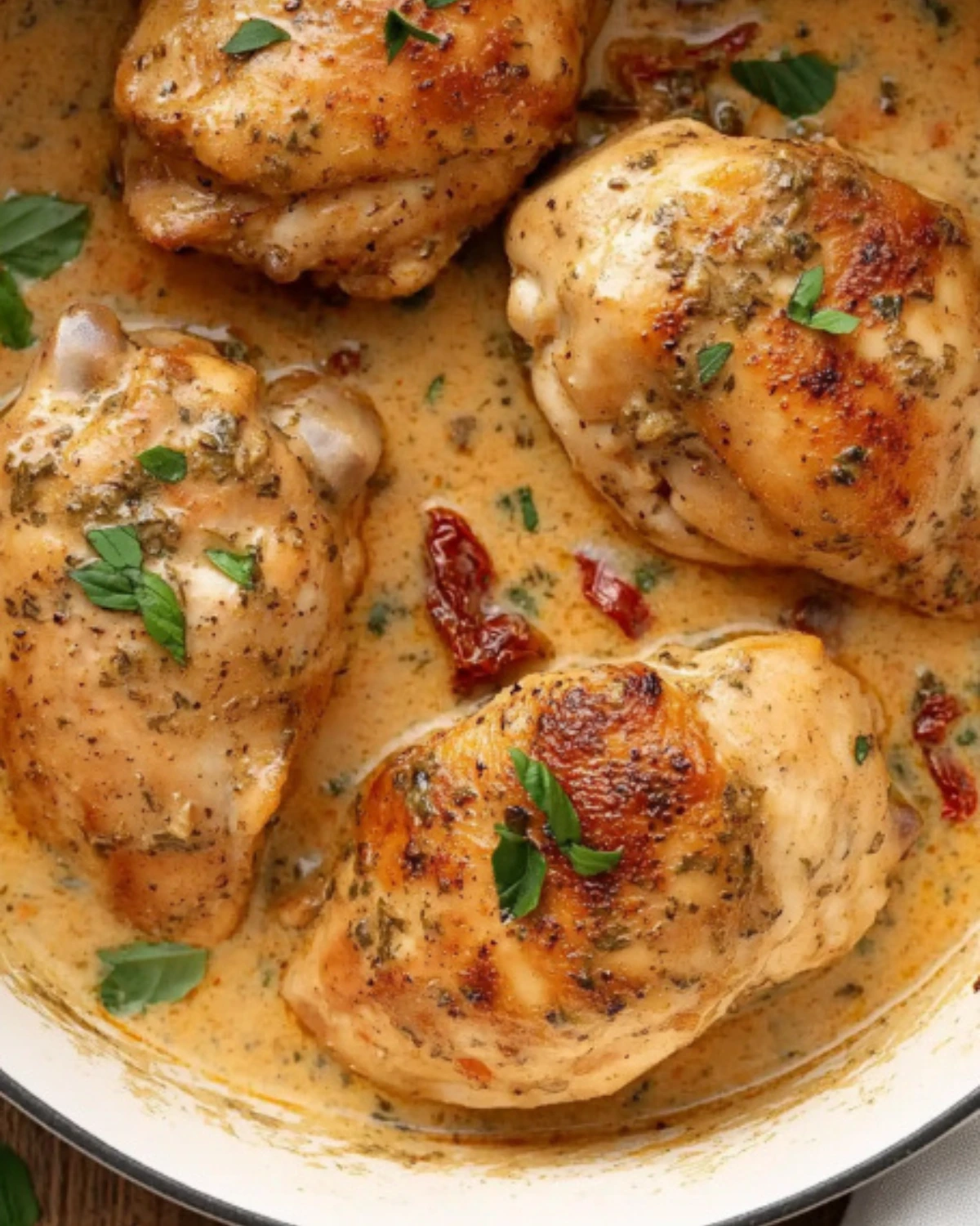Golden seared chicken in creamy tomato basil sauce in a white pan on wooden table