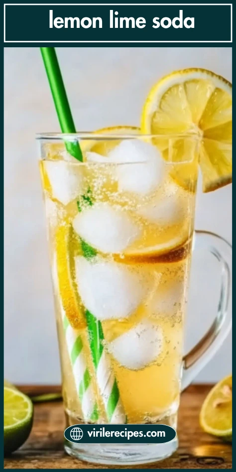 Homemade lemon lime soda in a clear glass mug with ice cubes, citrus slices, and green striped straw on a rustic wooden table