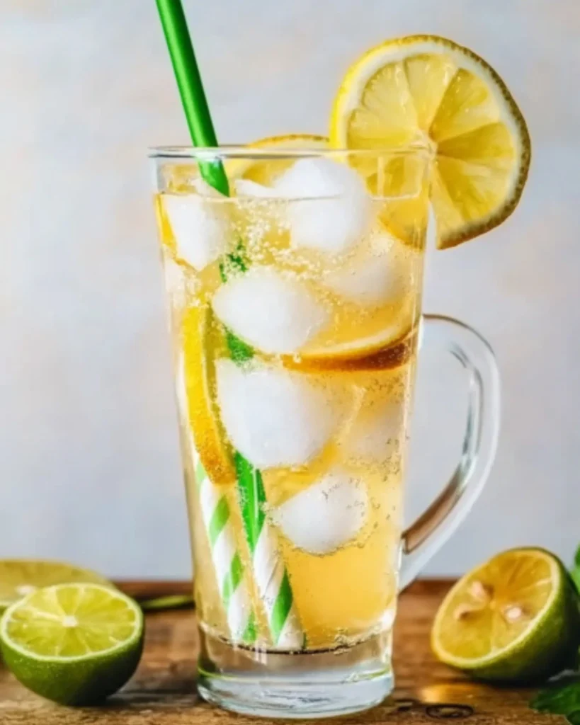 Lemon lime soda in a clear mug with ice, citrus slices, and green striped straw