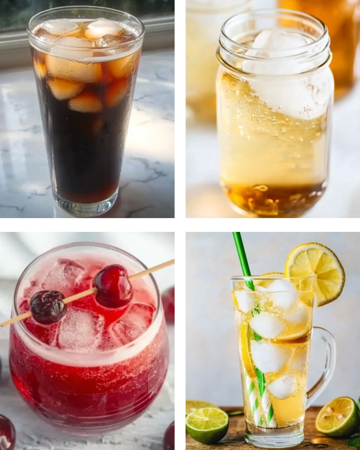 Homemade natural cola in a tall glass filled with ice on a sunlit marble surface