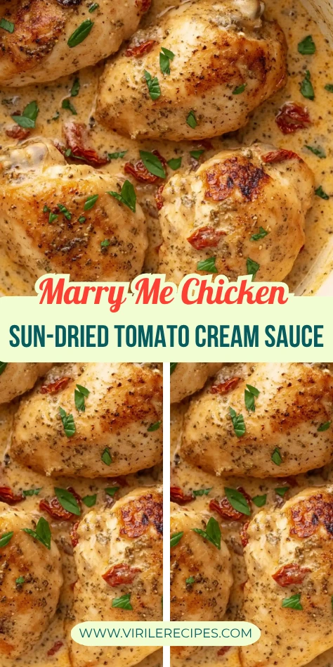 Collage of Marry Me Chicken in creamy sun-dried tomato parmesan sauce with fresh herbs