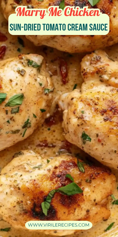 Golden chicken thighs in creamy sun-dried tomato and parmesan sauce in a skillet, garnished with fresh basil