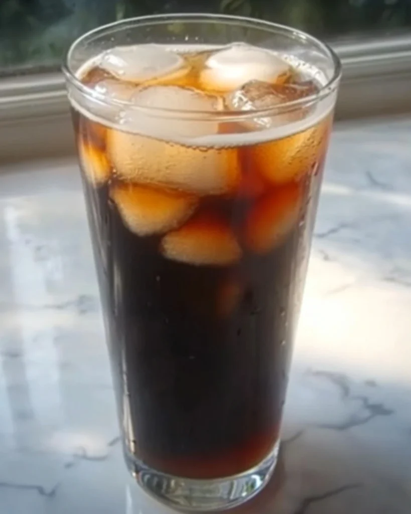 Homemade natural cola in a tall glass with ice cubes on a marble countertop