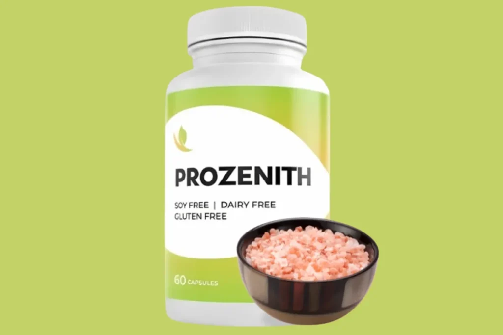 ProZenith pink salt capsules with a bowl of Himalayan pink salt on a green background, promoting natural weight loss and hormone balance