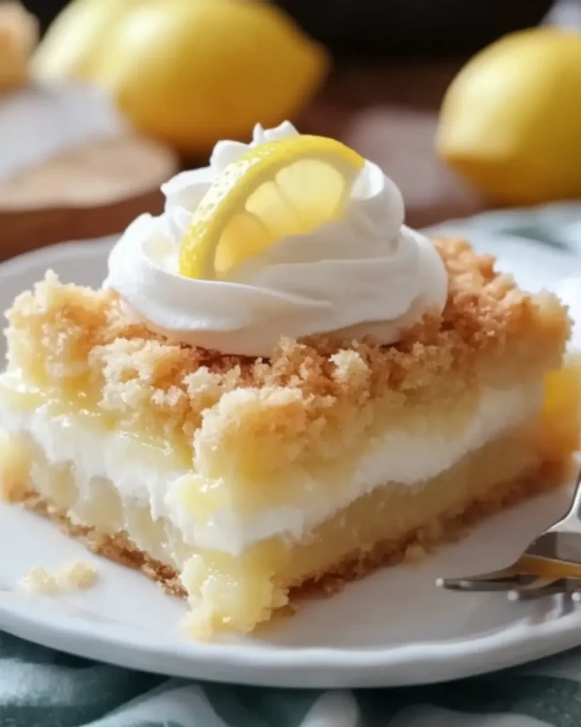 Close-up of a lemon cream cheese dump cake slice topped with whipped cream and lemon wedge on a white plate.