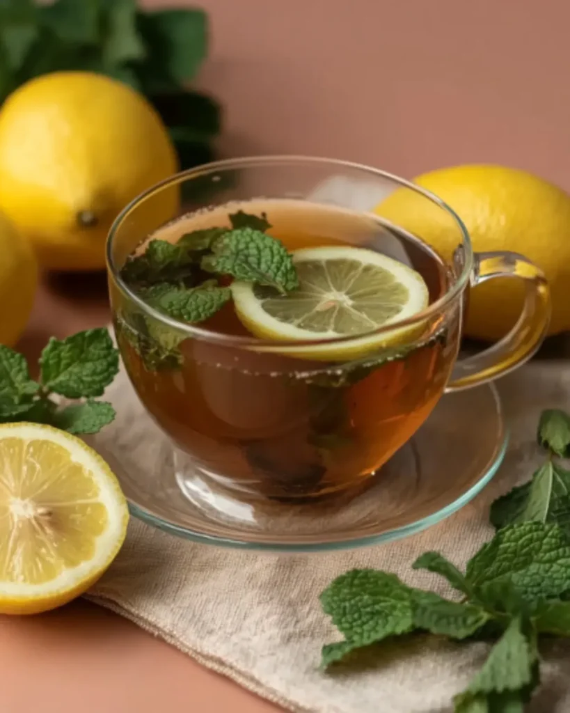 Glass cup of steaming bariatric tea with mint leaves, lemon, honey, and fresh herbs on a wooden table