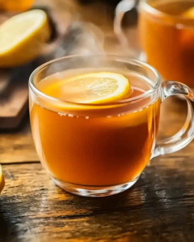 A glass mug of Costa Rican weight loss tea with lemon slice on a rustic wooden table