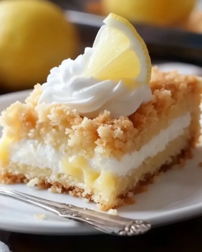 Thumbnail of a lemon cream cheese dump cake slice with whipped cream and a lemon slice on top.

