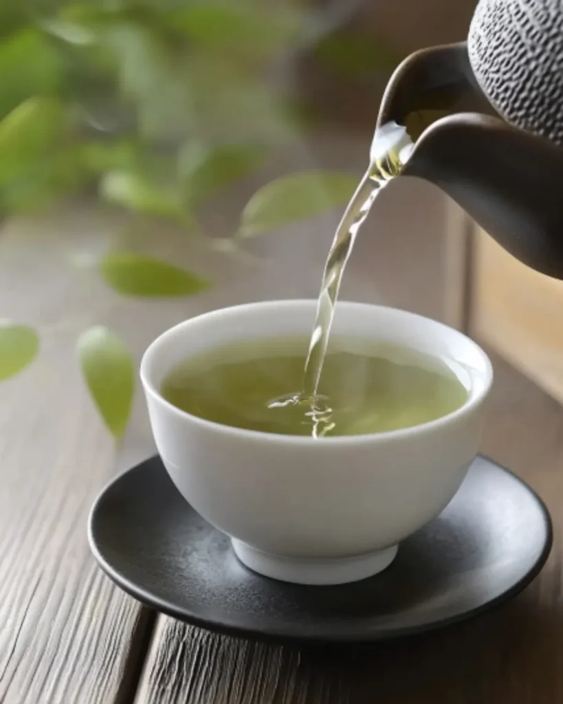 Steaming green bariatric tea poured into a white teacup with black saucer on a wooden table

