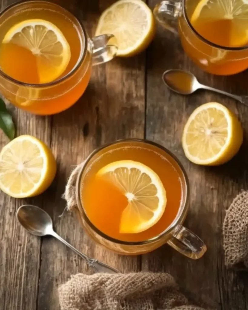 Top view of Costa Rican herbal weight loss tea with lemon slices in clear mugs on a rustic wooden table