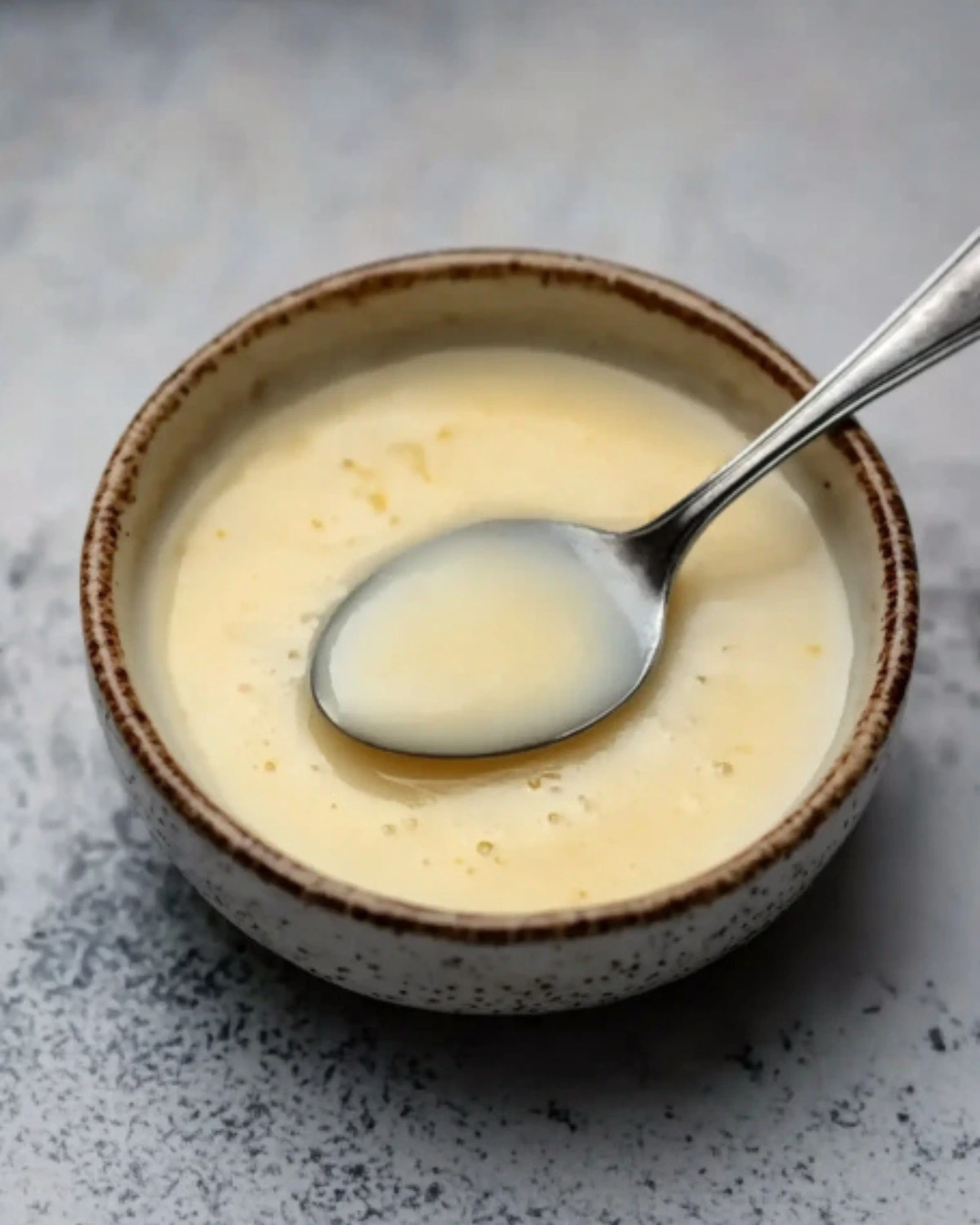 Lemon beurre blanc in a ceramic bowl with spoon, smooth French butter sauce for seafood