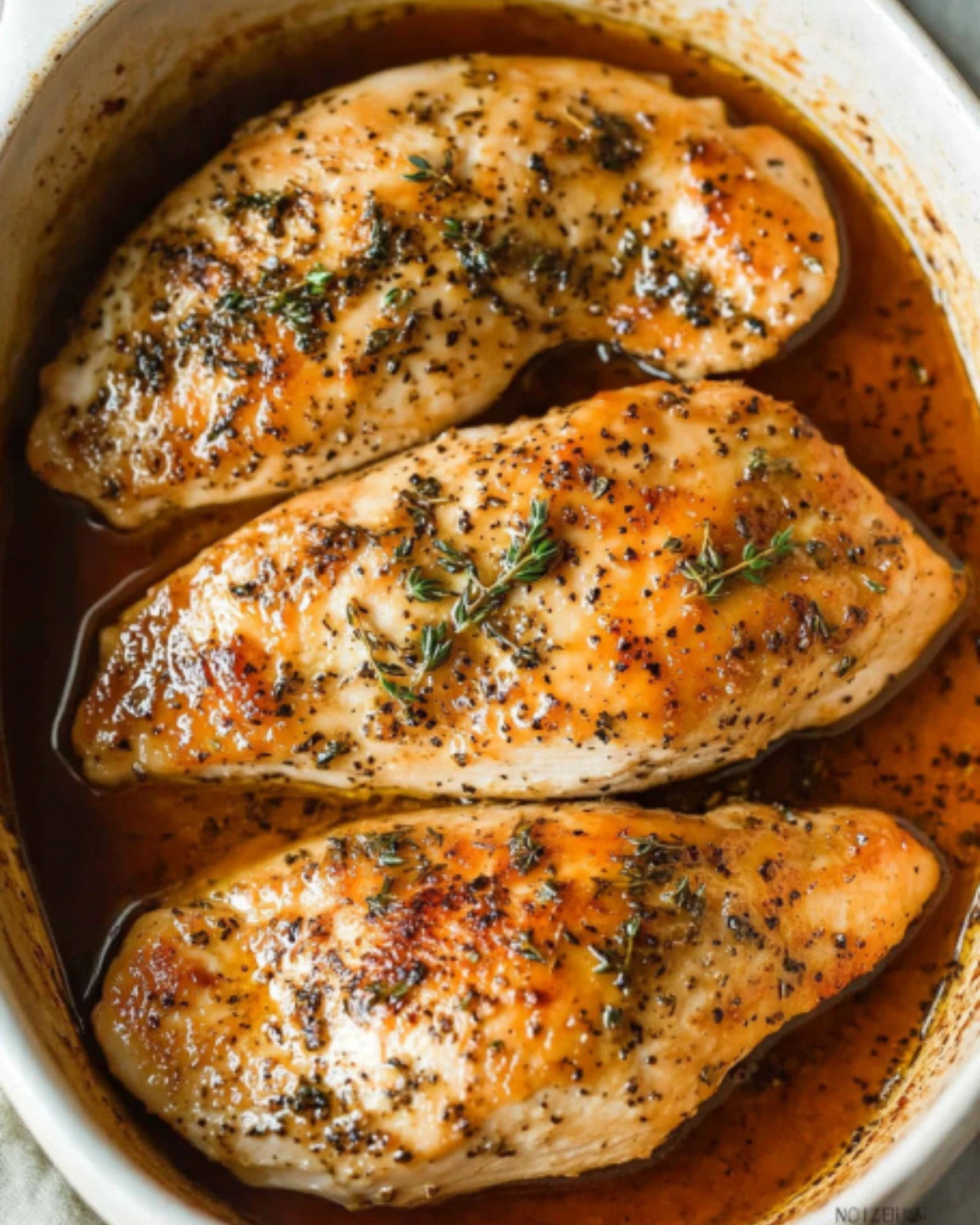 Juicy brown sugar garlic chicken breasts baked in a ceramic dish with golden sauce and thyme sprigs.