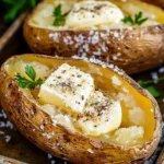 Golden baked potatoes with crispy salted skins, topped with butter and cracked black pepper on parchment paper.