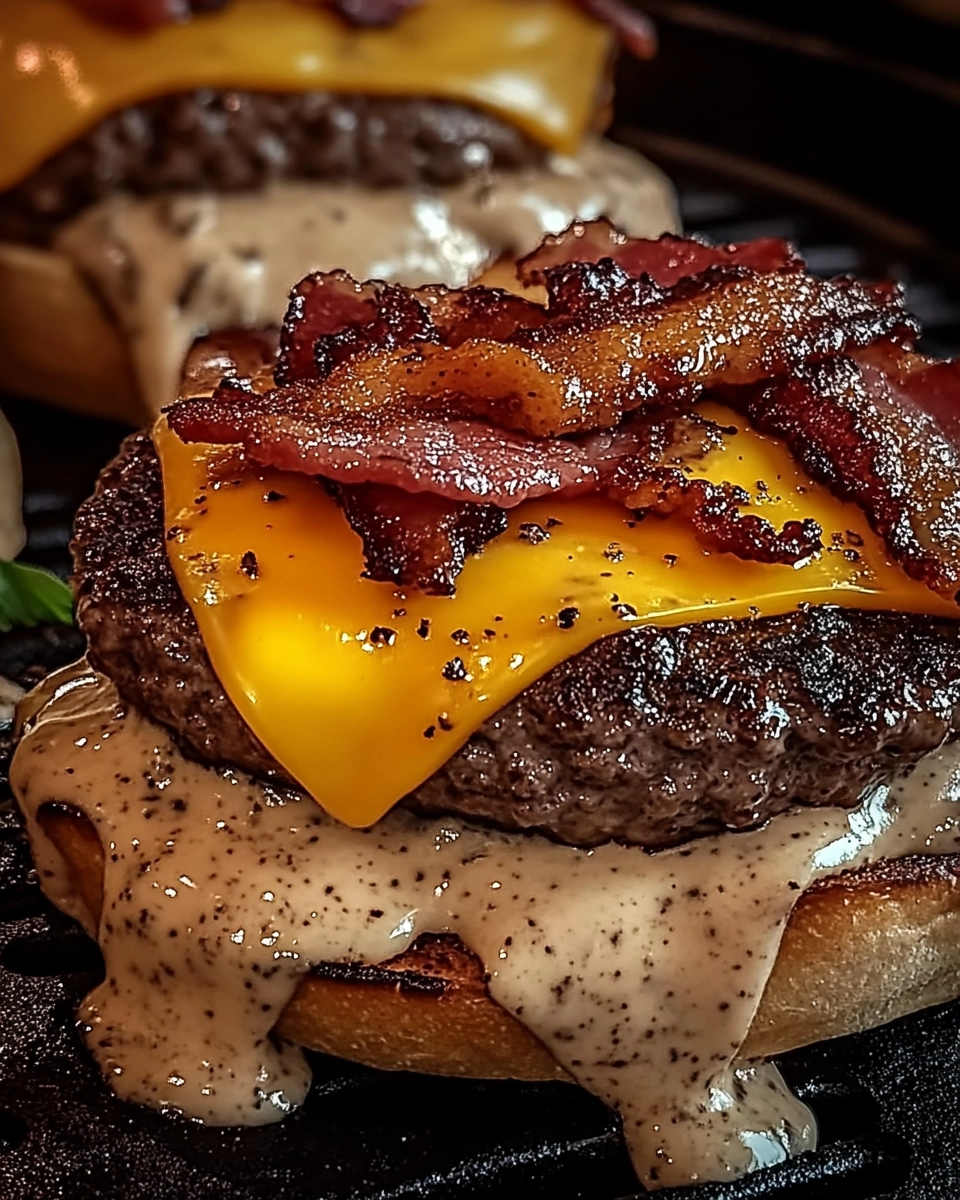 Close-up of a bacon cheeseburger with cheddar, crispy bacon, and peppered creamy sauce dripping over a grilled beef patty.