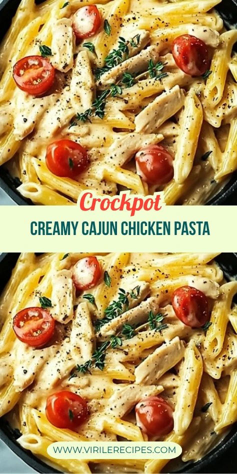 Overhead view of Crock Pot Cajun chicken pasta in creamy Parmesan sauce with cherry tomatoes