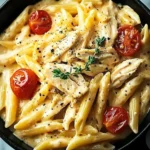 Close-up of creamy Cajun chicken pasta with penne, cherry tomatoes, and herbs in a black bowl