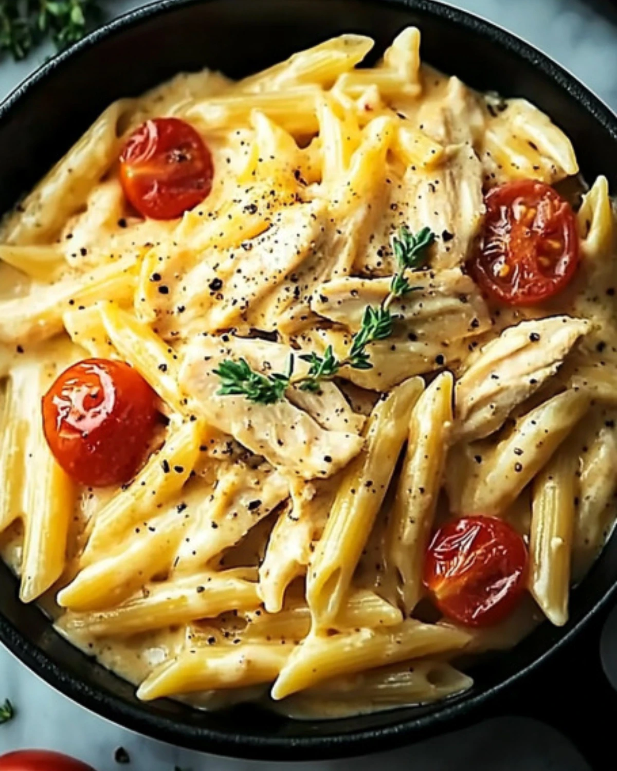 Close-up of creamy Cajun chicken pasta with penne, cherry tomatoes, and herbs in a black bowl