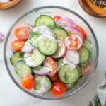 Top view of creamy cucumber tomato salad with dill, cherry tomatoes, and red onions in a glass bowl
