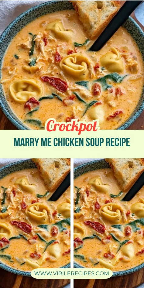 Crockpot Marry Me Chicken Soup with tortellini, sun-dried tomatoes, and creamy broth in a blue ceramic bowl