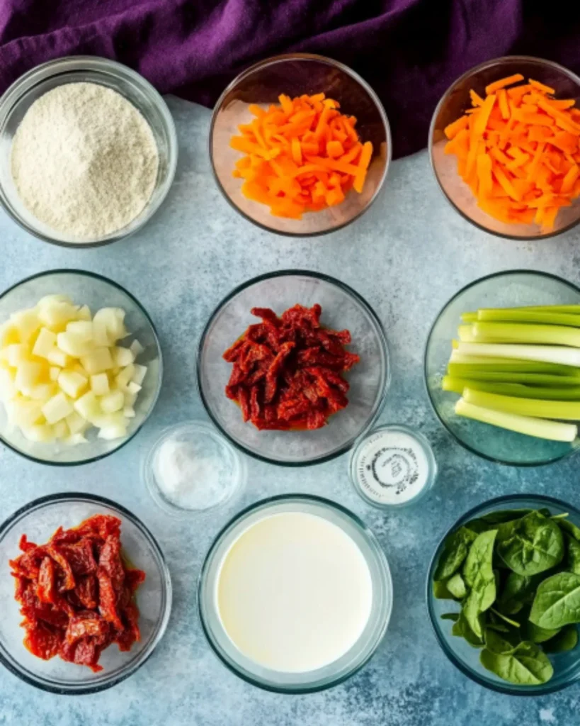 Tuscan-style soup ingredients including sun-dried tomatoes, spinach, heavy cream, celery, shredded carrots, and Parmesan cheese arranged in glass bowls