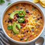 Bowl of creamy vegetarian tortilla soup with black beans, corn, avocado, jalapeños, shredded cheese, and cilantro garnish.