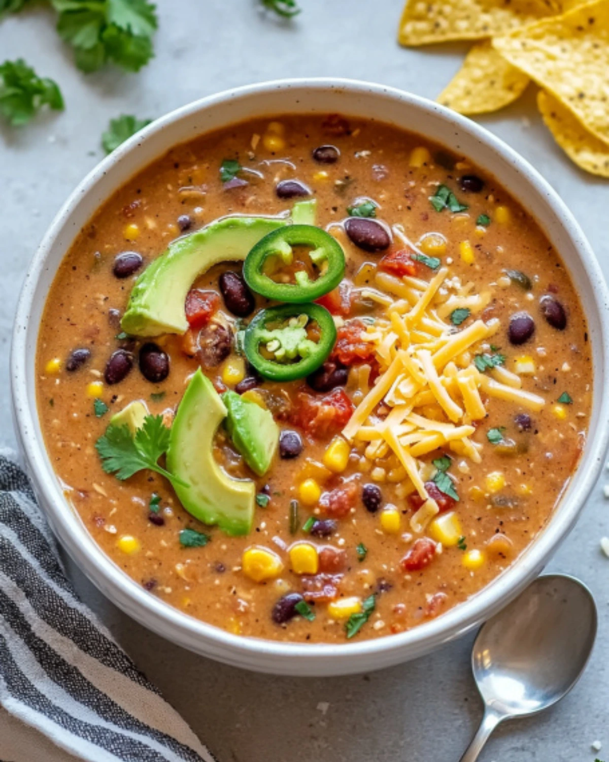 Bowl of creamy vegetarian tortilla soup with black beans, corn, avocado, jalapeños, shredded cheese, and cilantro garnish.