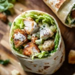 Chicken wrap with crispy chicken, fresh lettuce, croutons, and creamy dressing in a soft tortilla.