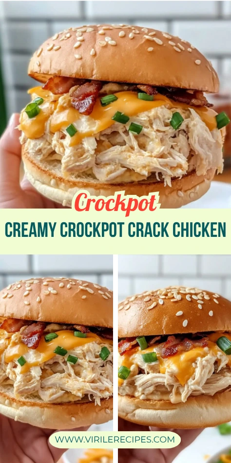 Three views of creamy crockpot crack chicken sandwiches topped with cheddar, bacon, and green onions.
