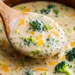 A wooden spoon scooping creamy broccoli cheddar soup with visible broccoli florets and melted cheddar cheese, served in a rustic bowl.
