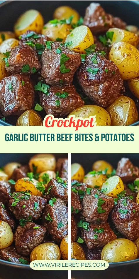 Garlic butter beef bites with golden baby potatoes in a black bowl, topped with fresh parsley.